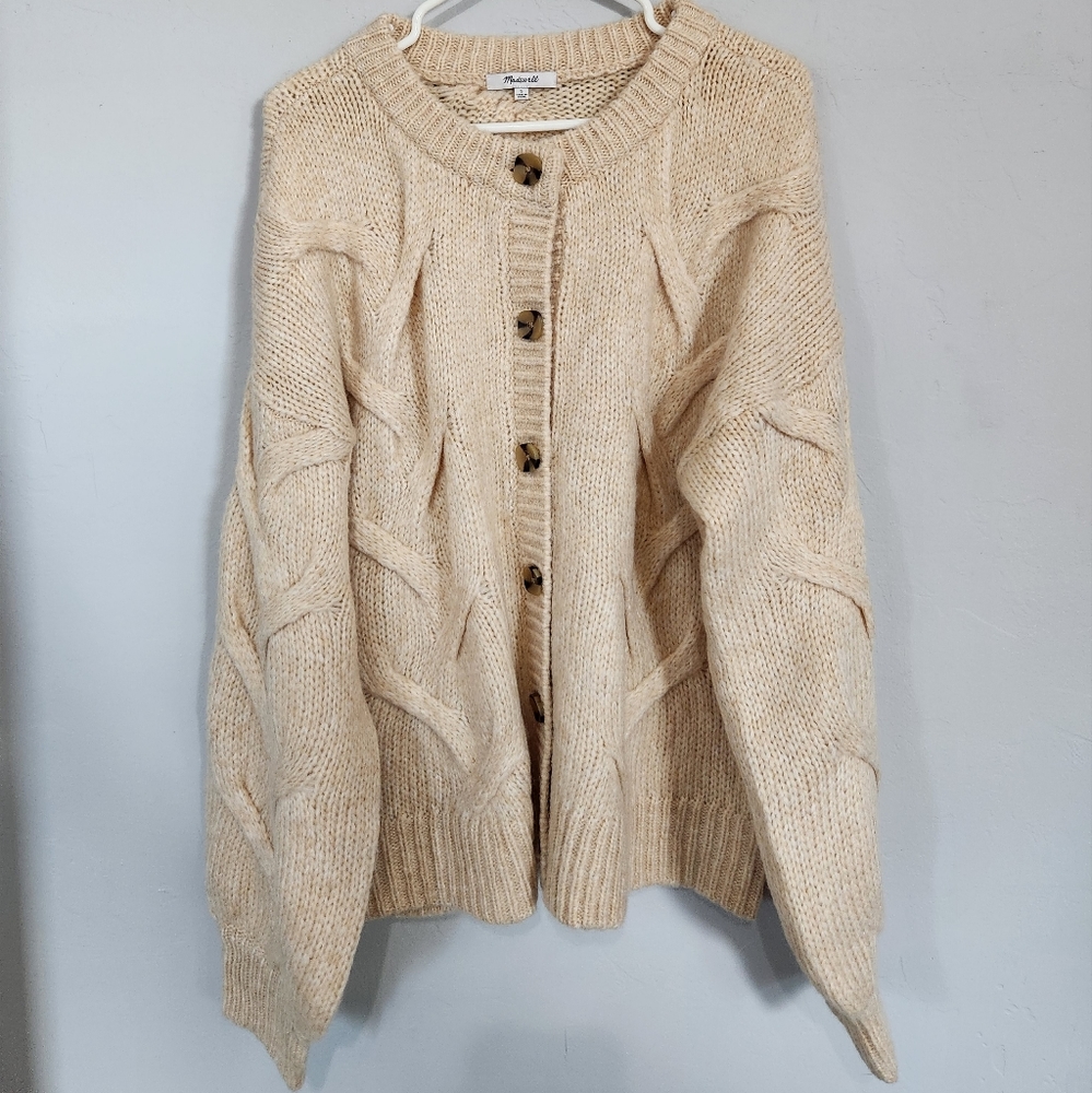 Madewell Ashmont Cable Chunky Knit Fuzzy Wool Blend Cardigan Bubble Sleeve SZ L.